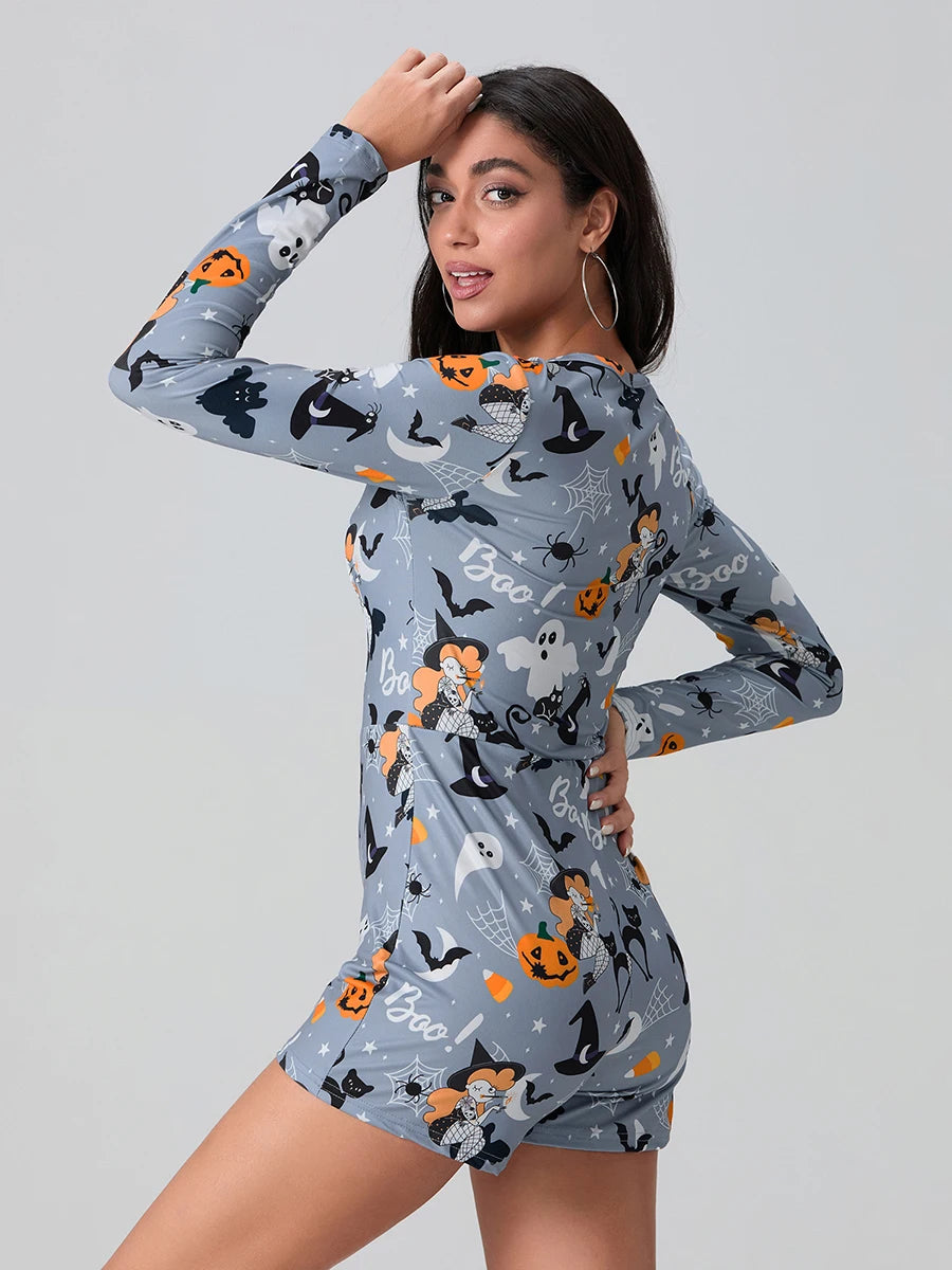 ITGIRLSOCIETY Halloween Ghost Print Bodycon Romper