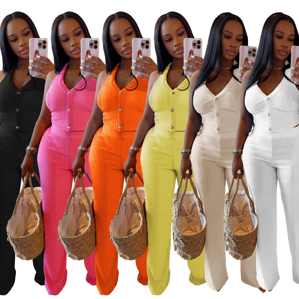 Fashion Ribbed Women's Set Backless Halter Neck Crop Top and Wide Leg Pants Suit 2025 Summer Street Wear Casual 2 Two Piece Sets