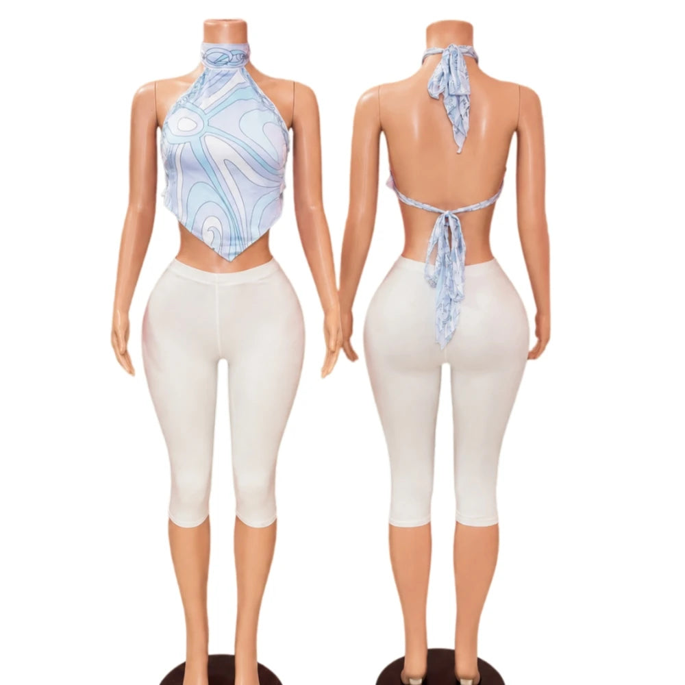 ITGIRLSOCIETY Halter Backless Top & Capri Pants Two Piece Set