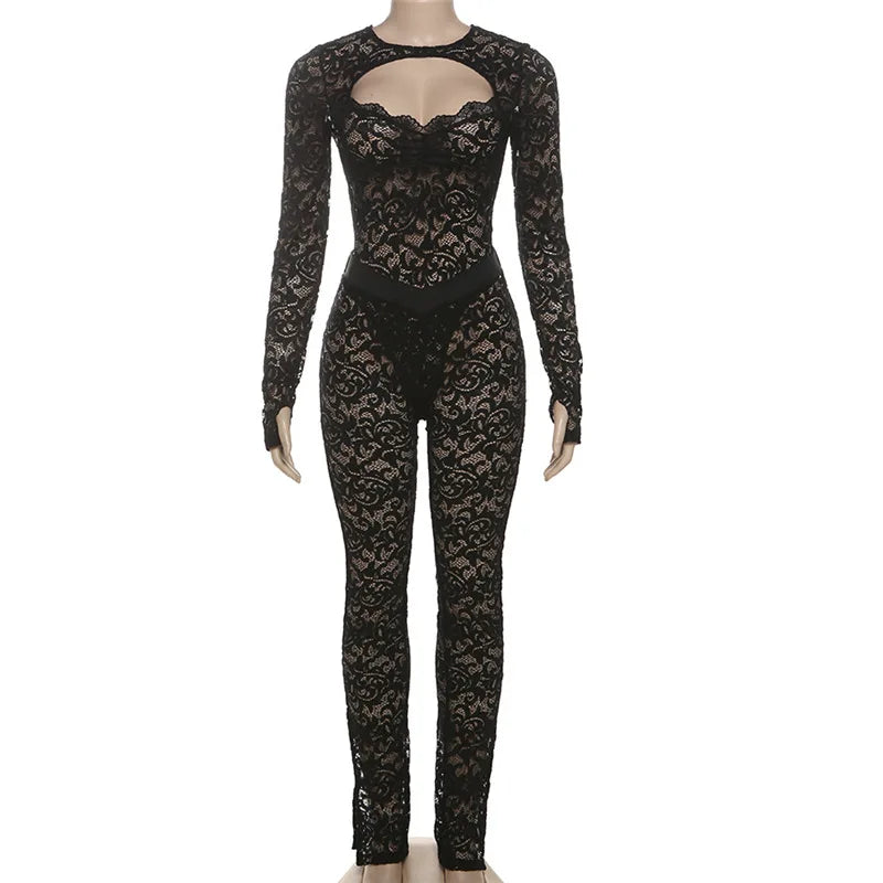 Leosoxs See Through 2 Piece Set Women Sexy  Hollow Jacquard Backless Bodysuit+Leggings Tight Activity Clubwear Skinny Outfits