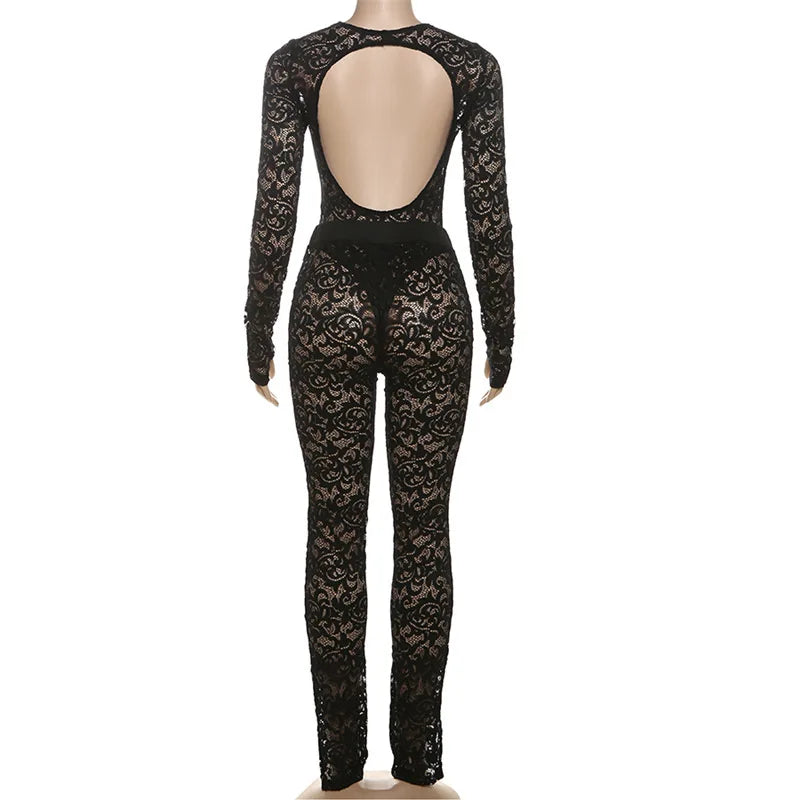 Leosoxs See Through 2 Piece Set Women Sexy  Hollow Jacquard Backless Bodysuit+Leggings Tight Activity Clubwear Skinny Outfits