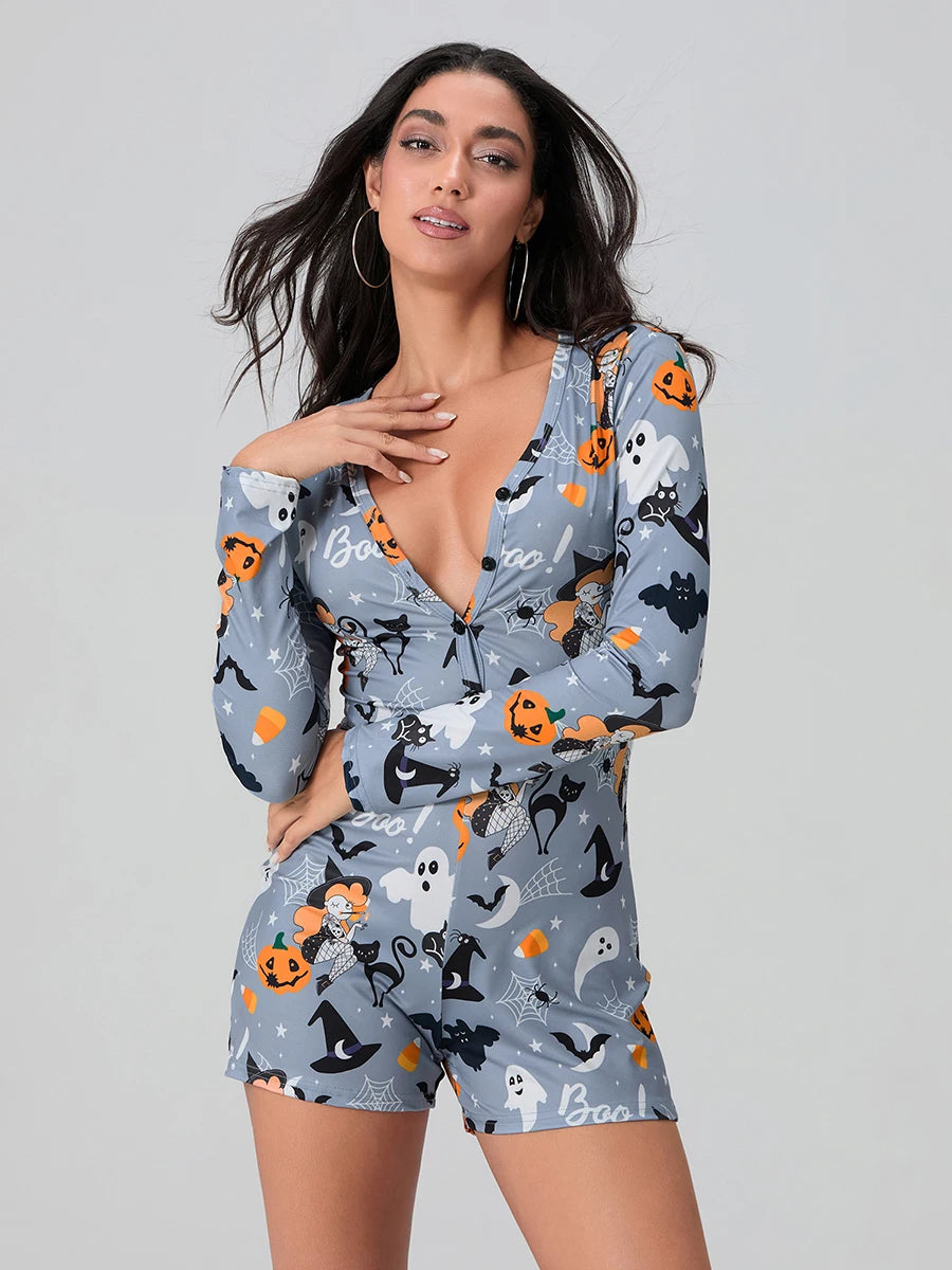 ITGIRLSOCIETY Halloween Ghost Print Bodycon Romper