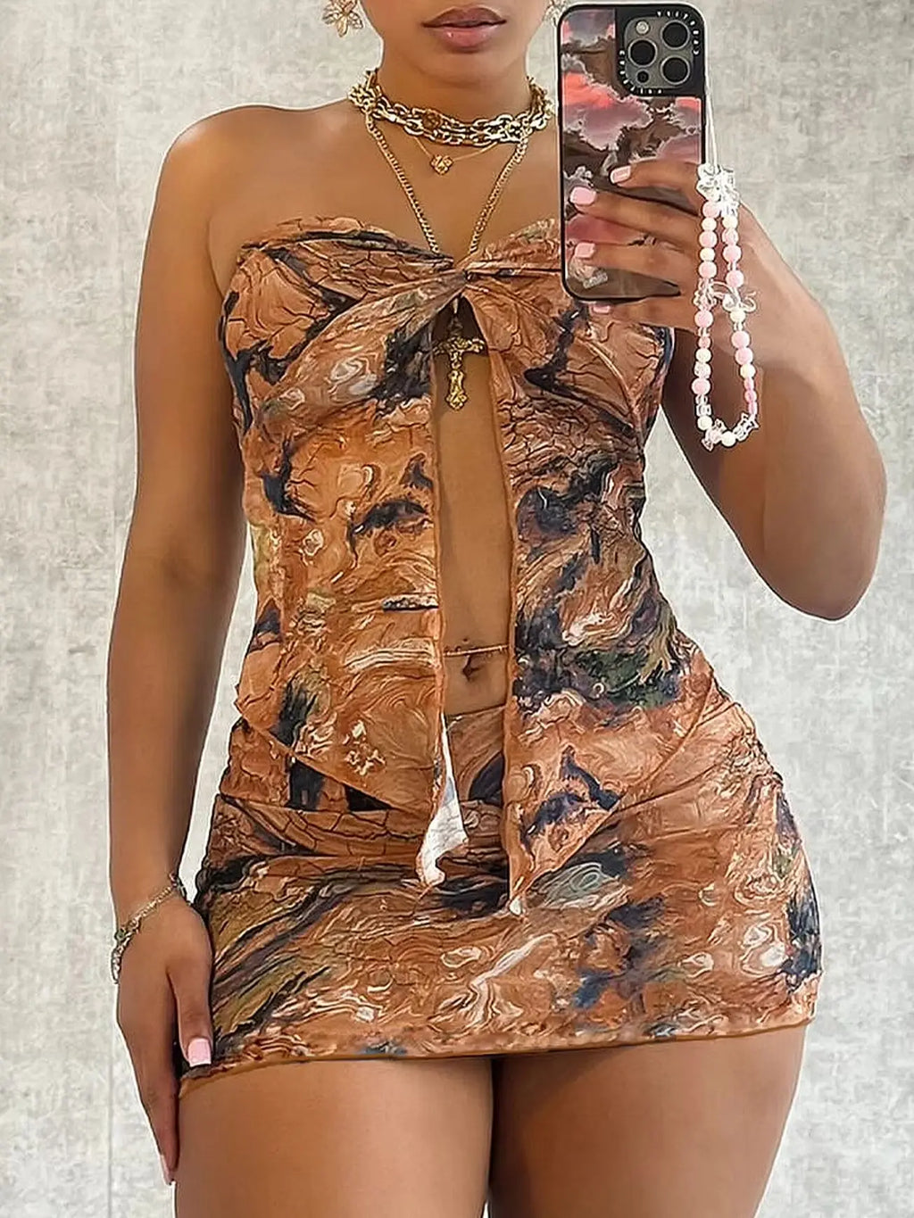 ITGIRLSOCIETY  Women's floral pleated sexy tight fitting slit strapless short skirt set