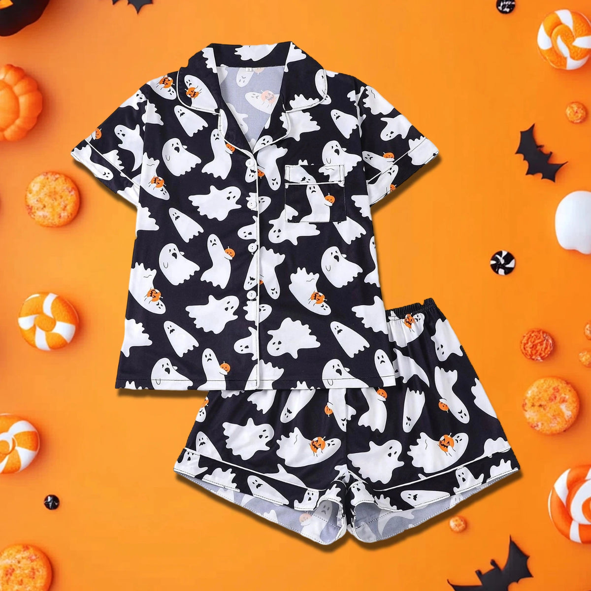 ITGIRLSOCIETY Halloween Pumpkin Ghost Short Sleeve Pajama Set