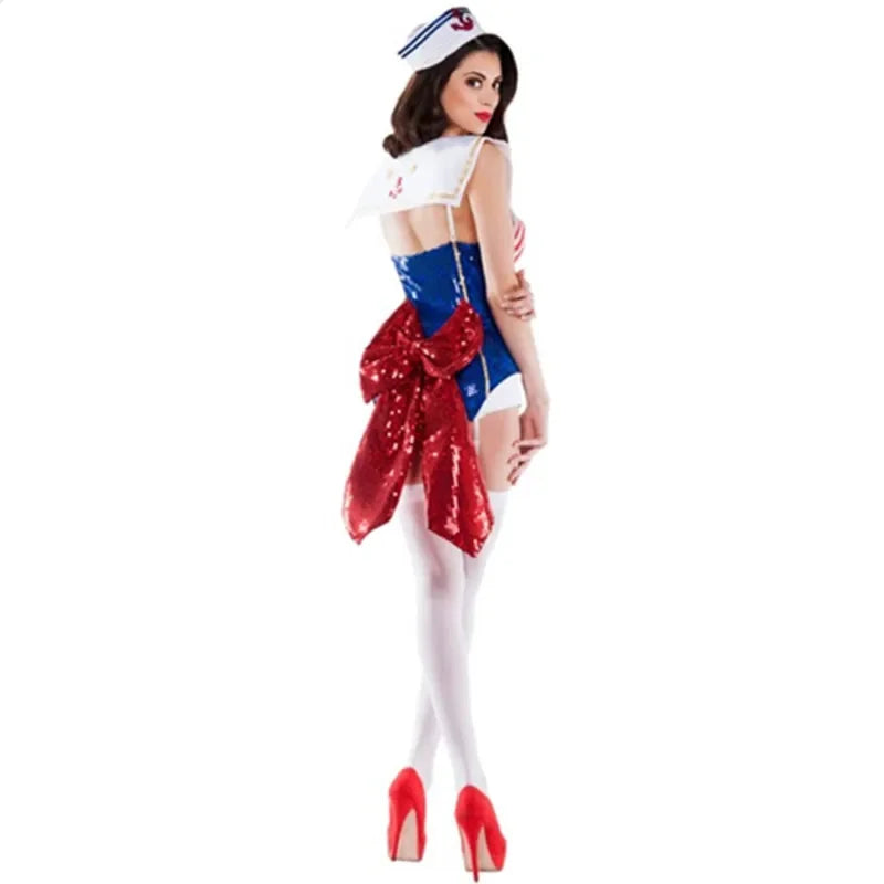 ITGIRLSOCIETY Sexy Navy Sailor Costume & Deep-V Sequined Jumpsuit