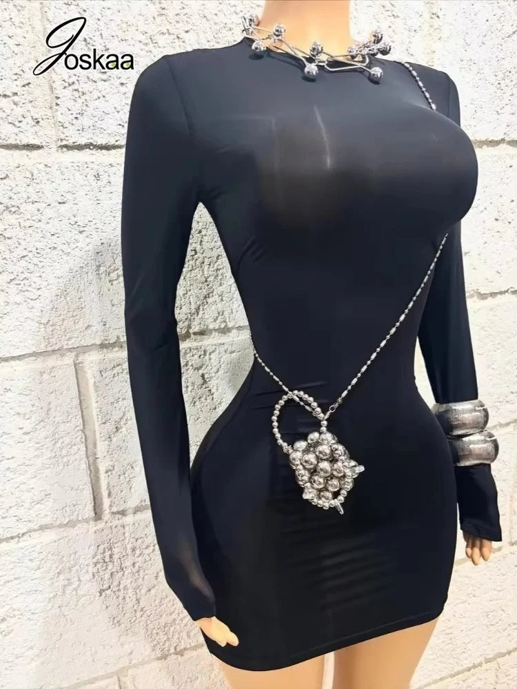 Joskaa Transparent Stretch Seamless Shiny Lingerie Dress Long Sleeve Tight Bodycon Pencil Skirt Nightwear Ntimate Night Dress