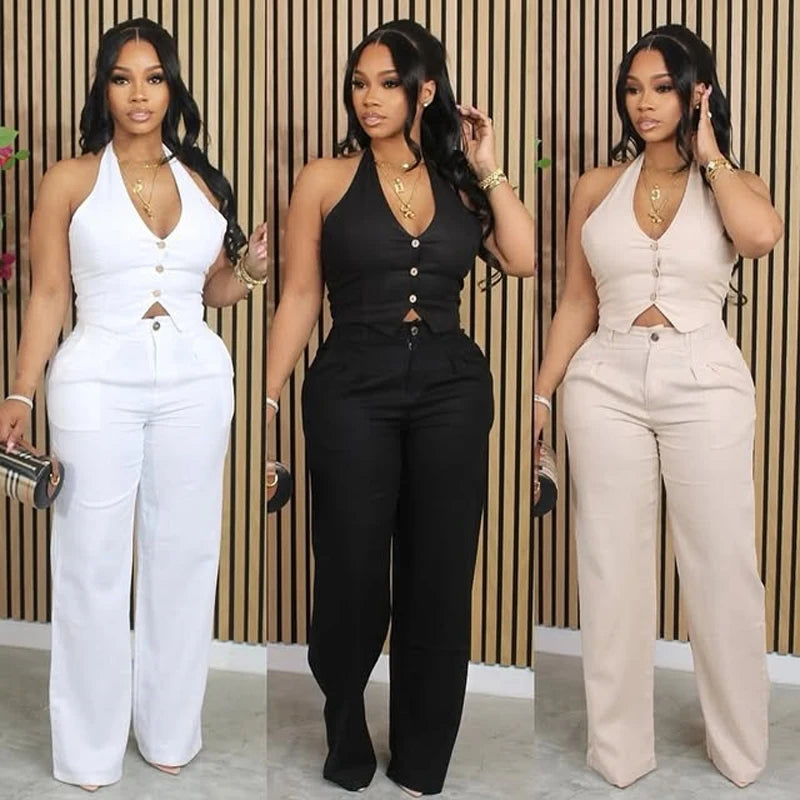 Fashion Ribbed Women's Set Backless Halter Neck Crop Top and Wide Leg Pants Suit 2025 Summer Street Wear Casual 2 Two Piece Sets