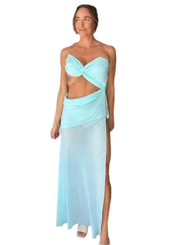 Solid Color Sexy Spaghetti Strap Slim Slit Long Dress Women Hollow Out Backless See Through Sleeveless Beach Party Dress Summer