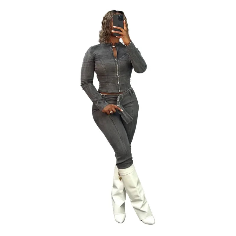 ITGIRLSOCIETY Denim Flare Pants Two-Piece Set