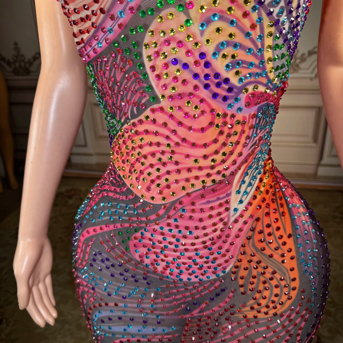 ITGIRLSOCIETY Sheer Mesh Crystal Rhinestone Gown