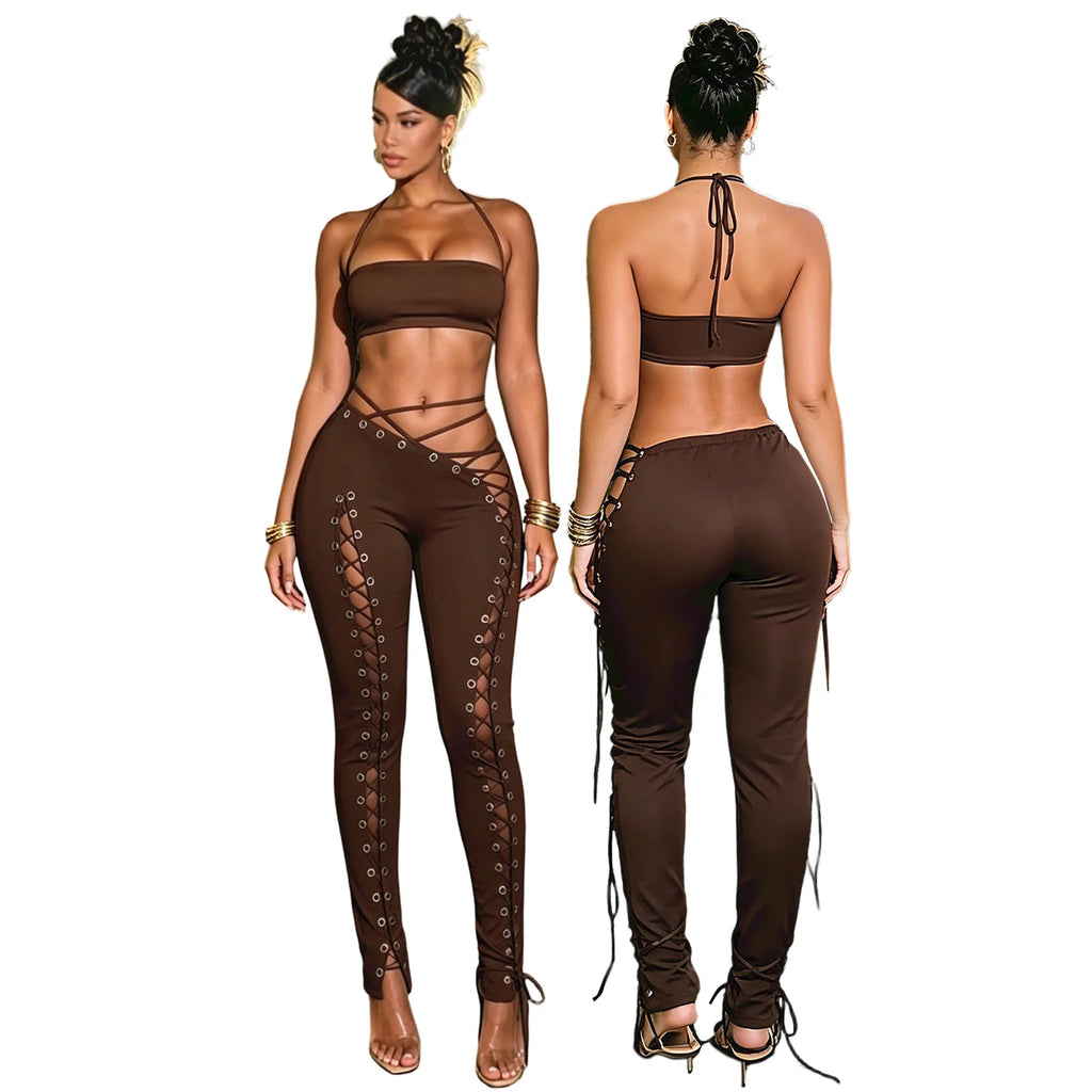 ITGIRLSOCIETY Halter Crop Top & Eyelet Pants Two Piece Set