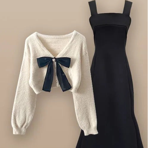 ITGIRLSOCIETY Bow Cardigan & Fishtail Skirt Two-Piece Set
