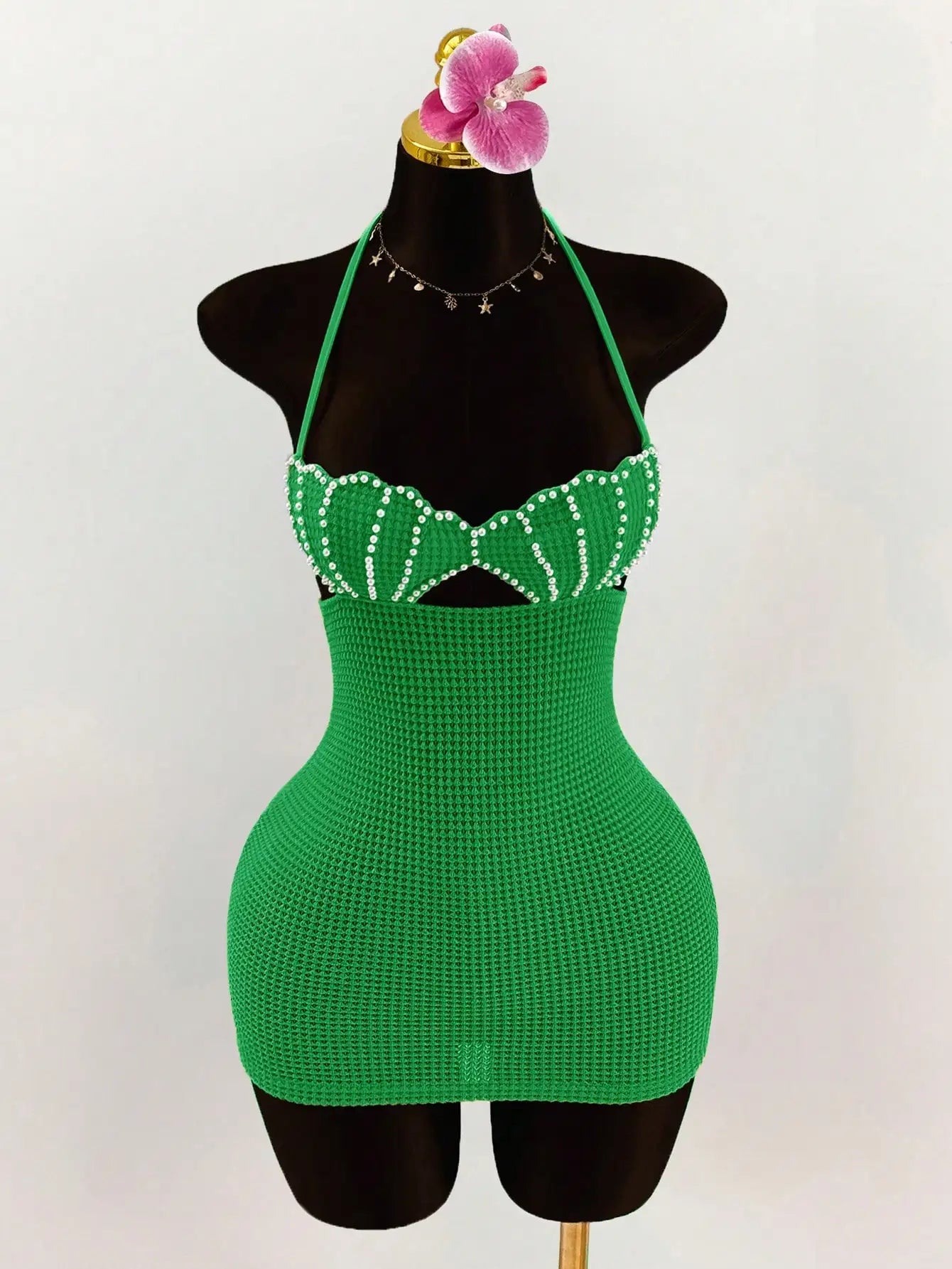 Pearl Shell Halter Backless Mini Bodycon Dress Crochet Bikini Dress