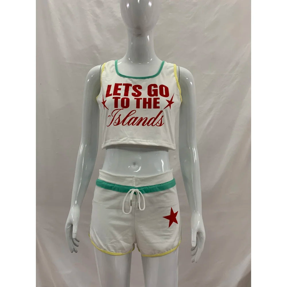 ITGIRLSOCIETY Y2K Star & Letter Print Crop Tank Top & Drawstring Shorts Set