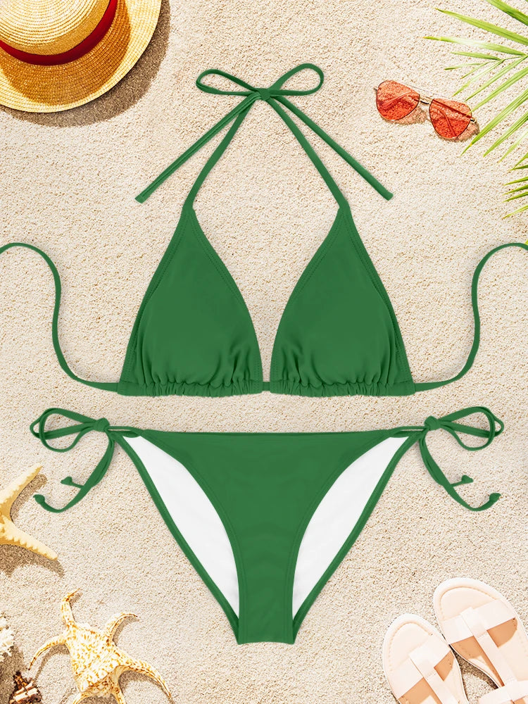 2Pcs Sexy Bikini Swimsuit For Women Solid Color Swimwear Summer Bathing Suits Females Backless Beachwear Halter Swimwear