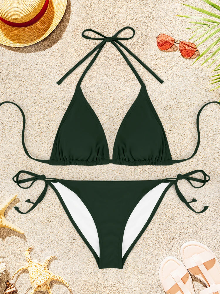 2Pcs Sexy Bikini Swimsuit For Women Solid Color Swimwear Summer Bathing Suits Females Backless Beachwear Halter Swimwear