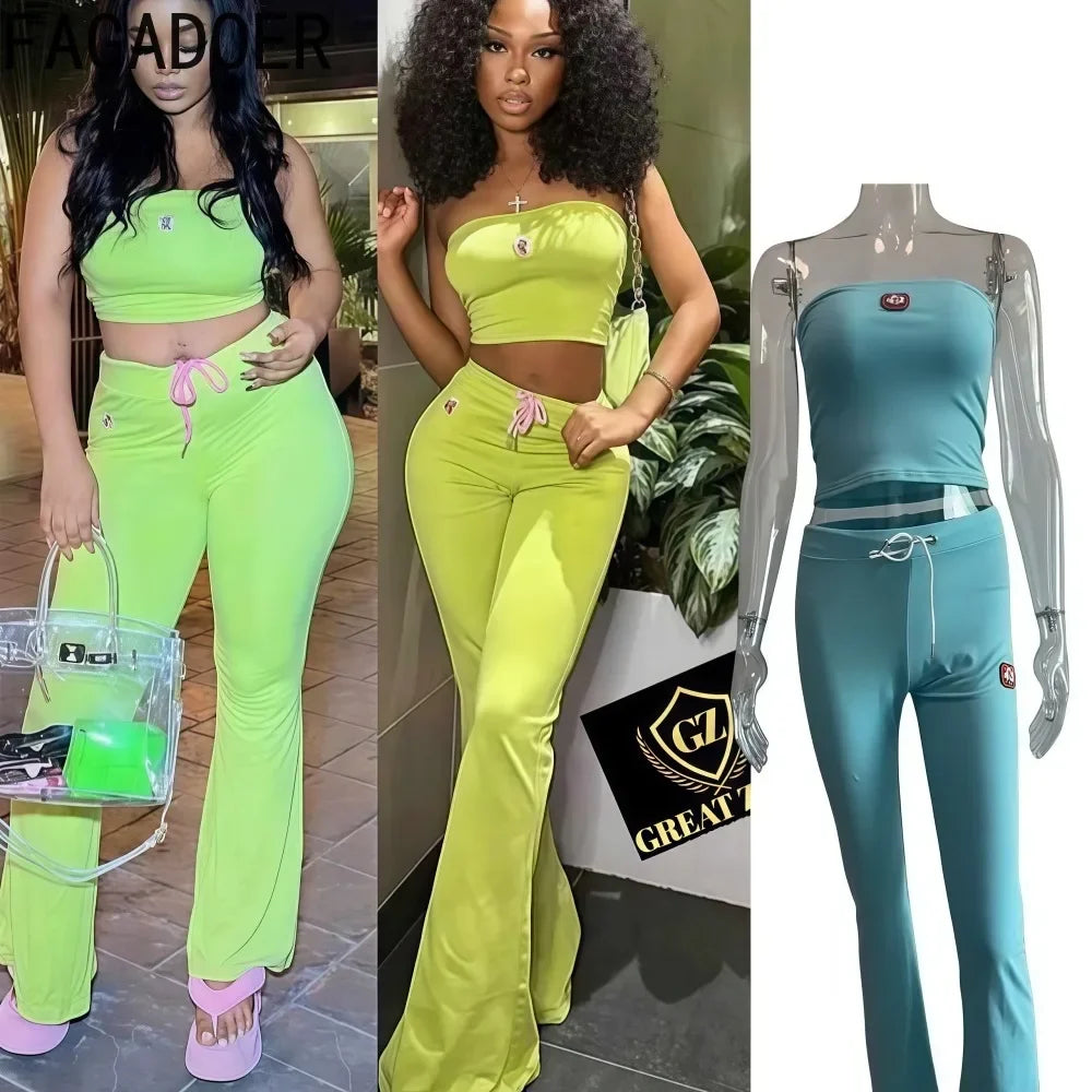 FAGADOER Y2k Fashion 2 Piece Sets Woman Outfit Embroidery Crop Top + Drawstring Flared Pants Suit Female Streetwear Clothing New