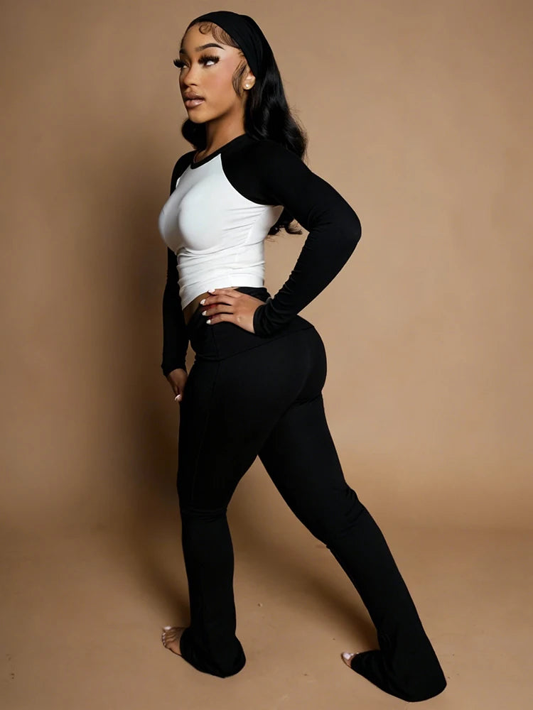 Nibber Christmas Party 2Piece Set Woman Contrast Patchwork o-Neck Full Sleeve Crop Tops+High Waist Long Pant Casual Fashion Suit