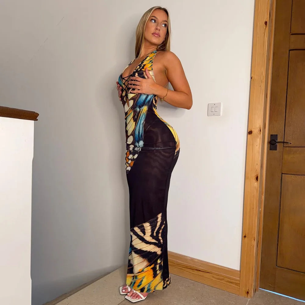 ITGIRLSOCIETY Butterfly Print Halter Maxi Dress