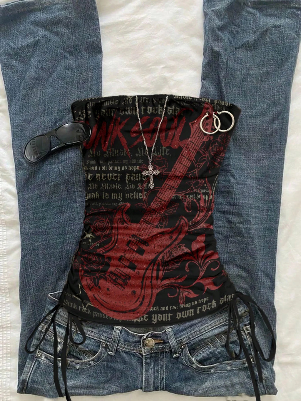ITGIRLSOCIETY Y2K Guitar Print Drawstring Front Cut Vest