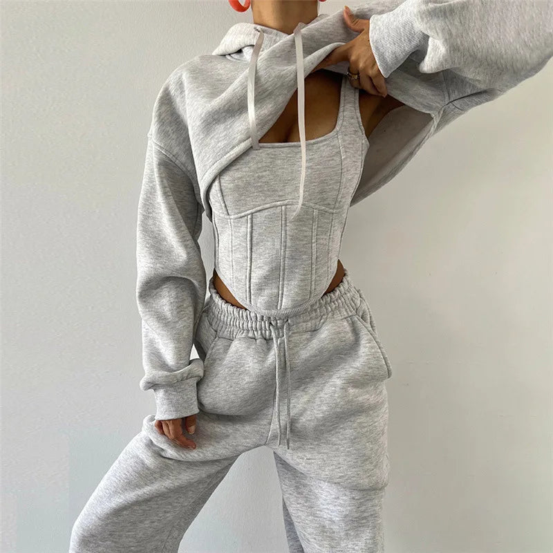 Yaminiya Y2K Sexy Sportswear Women's 3 Piece Set Long Sleeved Hooded Cardigan+slim Fit Strapless Vest+straight Leg Wide Pants