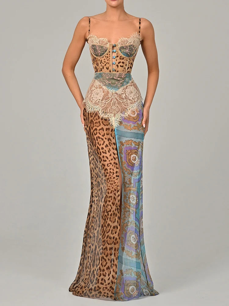 ITGIRLSOCIETY Leopard Print Lace Split Backless Maxi Dress