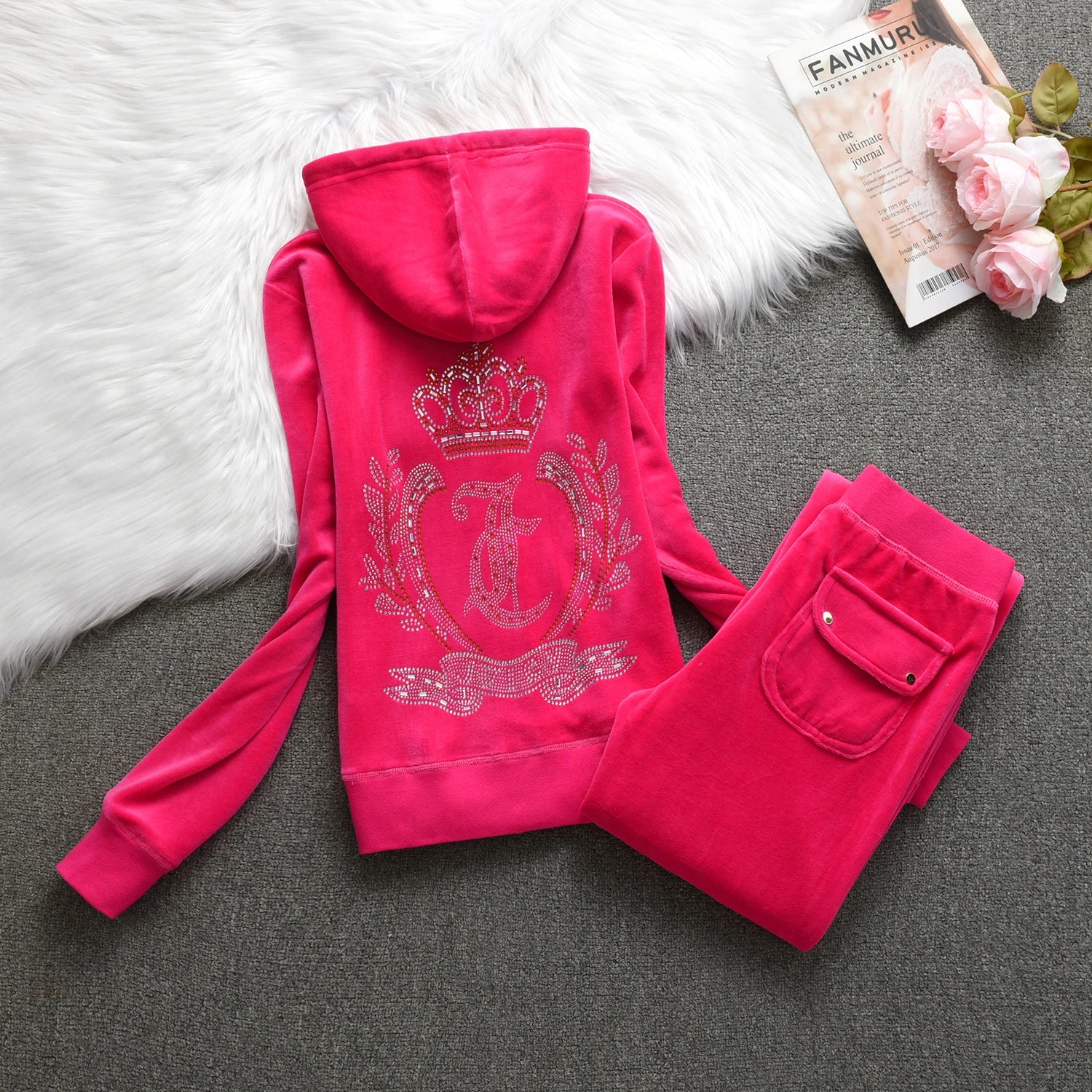 Velvet Tracksuit Hooded Winter Women Hooded Velvet Suit American Streetwear Casual Hooded Sweatshirt 2pc Casual Women's Suit