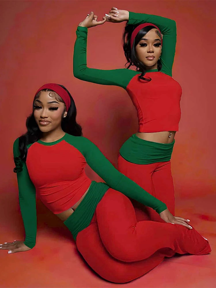 Nibber Christmas Party 2Piece Set Woman Contrast Patchwork o-Neck Full Sleeve Crop Tops+High Waist Long Pant Casual Fashion Suit