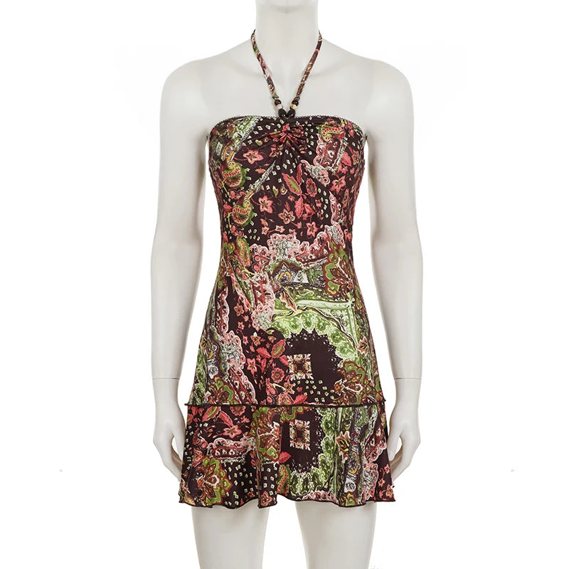 ITGIRLSOCIETY Romantic Print Halter Backless Mini Dress