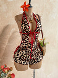 ITGIRLSOCIETY Leopard Print w/ Red Halter Neck Jumpsuit
