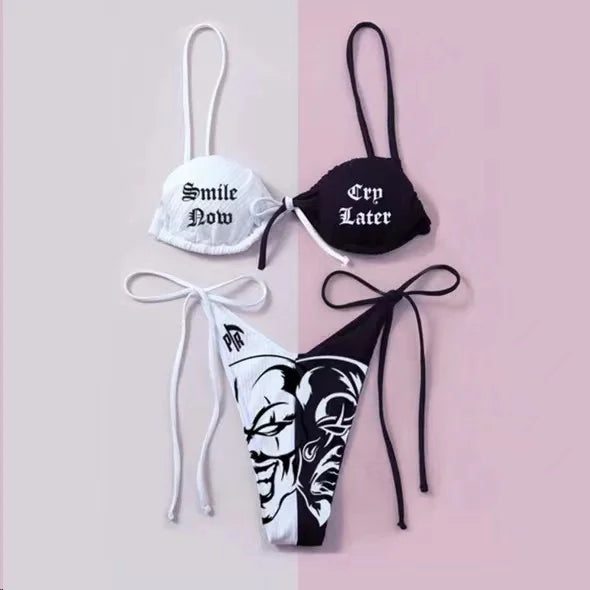 Punk Gothic Letters Print Bikinis Set Sexy Bikini 2023 Women Skull Pattern V-neck Swimwear Fashion Swimsuit Bathing Suit