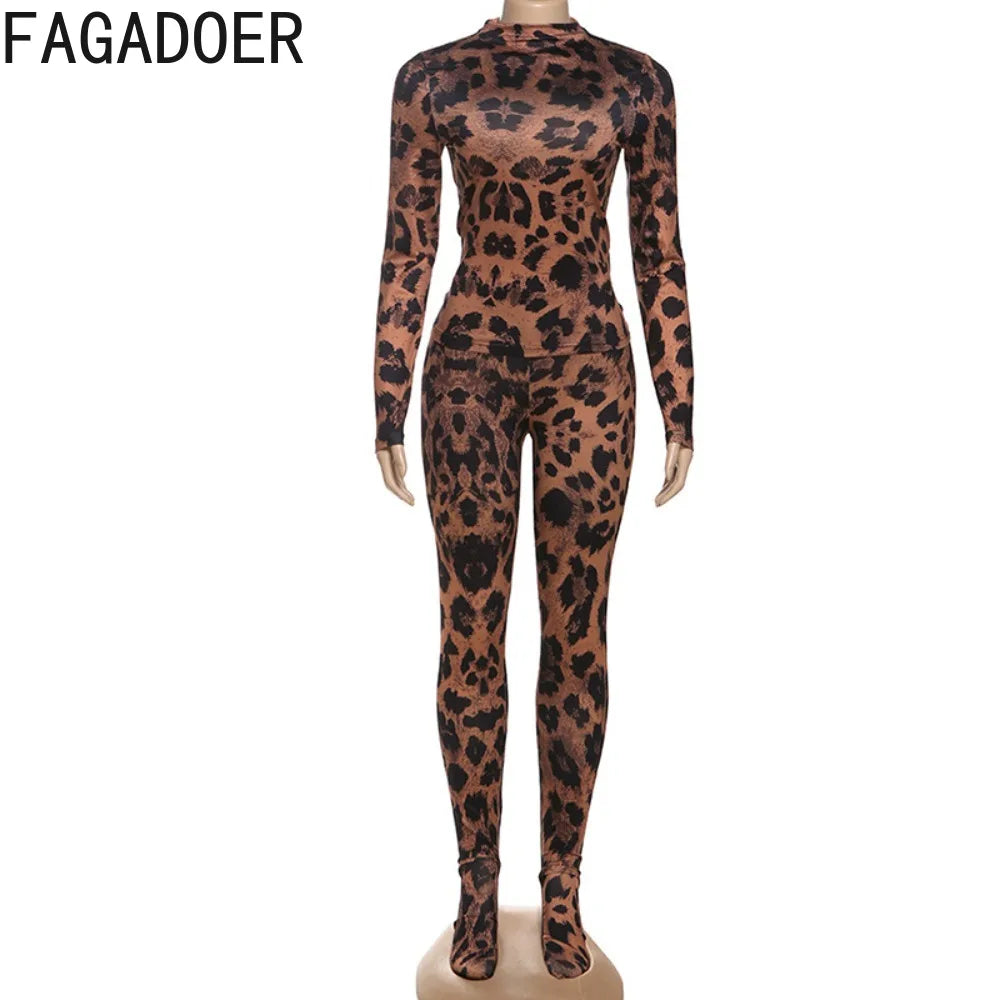 FAGADOER Sexy Leopard Print Two Piece Outfits Woman Round Neck Long Sleeves Crop Top and Skiny Pants Female Streetwear Clothing