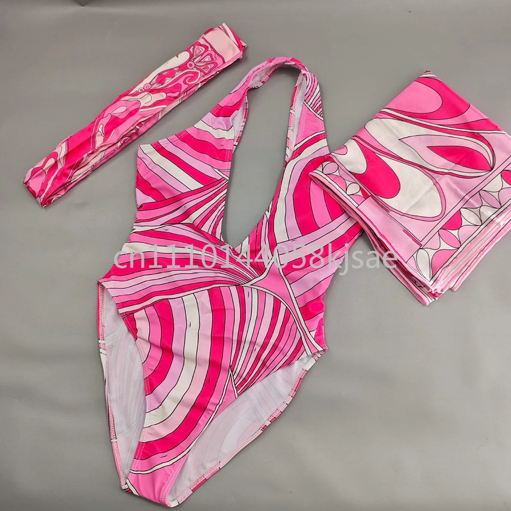 Luxury Design Women's Pink Scarf Swimsuits with Letter Signature Logo Classic Brand Headband Bikini Sets Beachwear