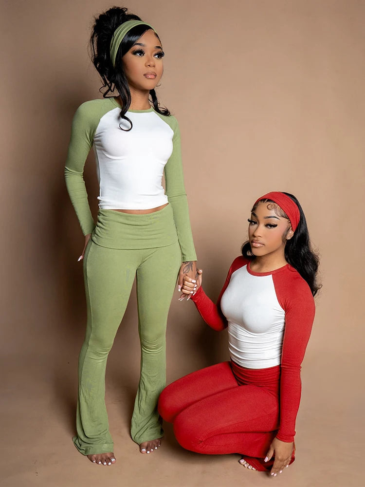 Nibber Christmas Party 2Piece Set Woman Contrast Patchwork o-Neck Full Sleeve Crop Tops+High Waist Long Pant Casual Fashion Suit