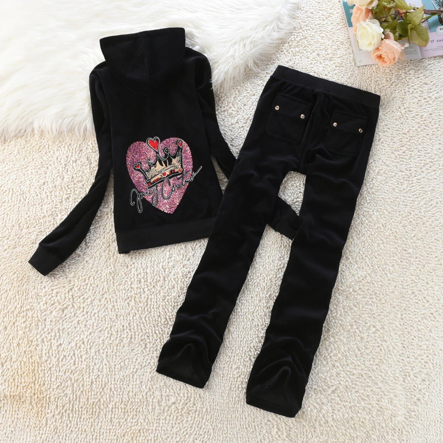 Velvet Tracksuit Hooded Winter Women Hooded Velvet Suit American Streetwear Casual Hooded Sweatshirt 2pc Casual Women's Suit