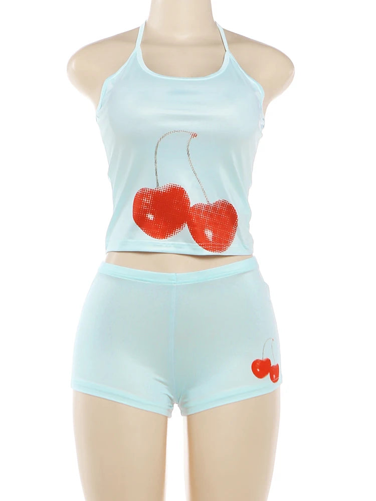 ITGIRLSOCIETY Cherry Print Backless Tank & Shorts Set