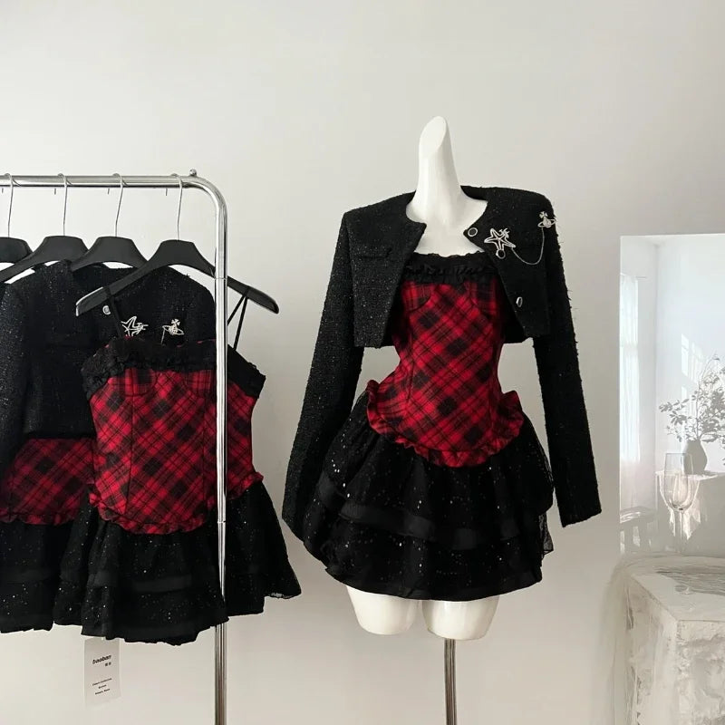 ITGIRLSOCIETY Y2K Coat & Plaid Dress Set