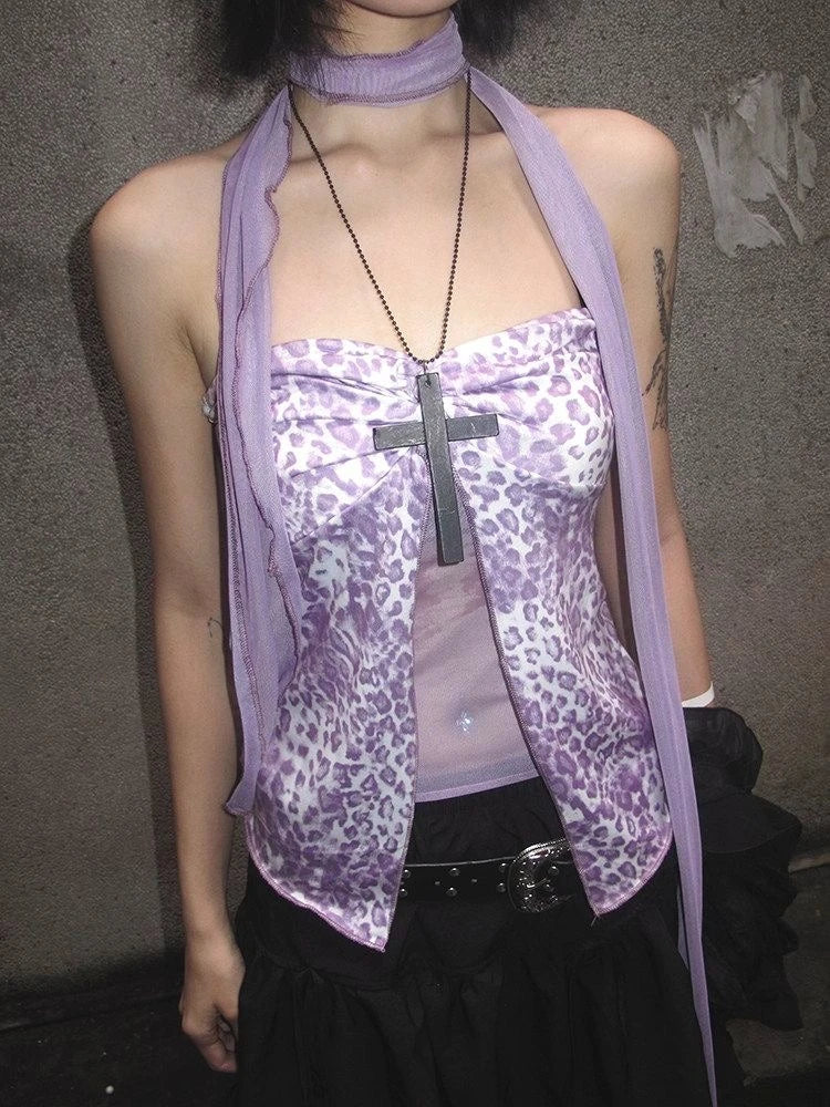 ITGIRLSOCIETY Y2K Leopard Lace Patchwork Cami Tank Top