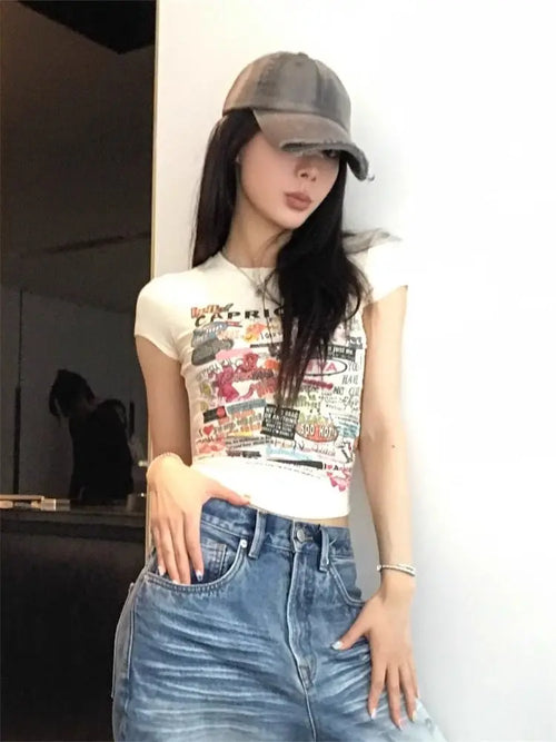 ITGIRLSOCIETY Cartoon Print Slim Crop Tee