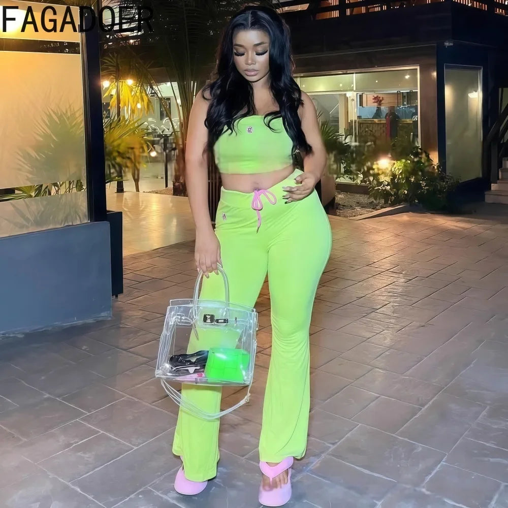 FAGADOER Y2k Fashion 2 Piece Sets Woman Outfit Embroidery Crop Top + Drawstring Flared Pants Suit Female Streetwear Clothing New
