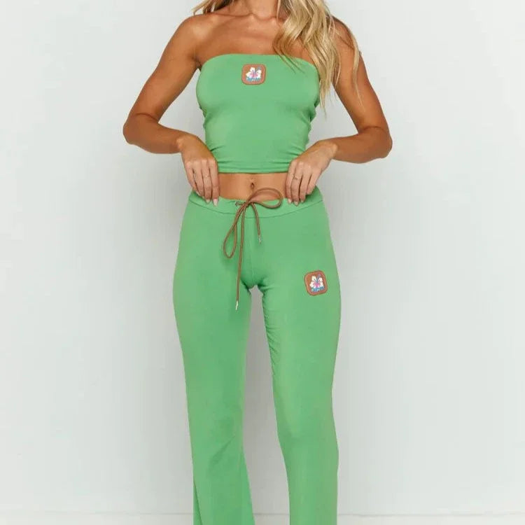 FAGADOER Y2k Fashion 2 Piece Sets Woman Outfit Embroidery Crop Top + Drawstring Flared Pants Suit Female Streetwear Clothing New