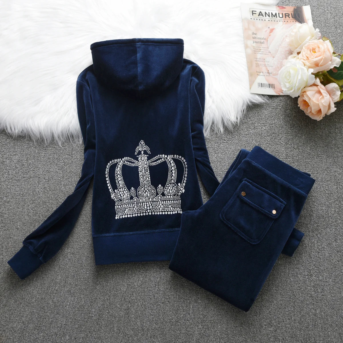 Velvet Tracksuit Hooded Winter Women Hooded Velvet Suit American Streetwear Casual Hooded Sweatshirt 2pc Casual Women's Suit