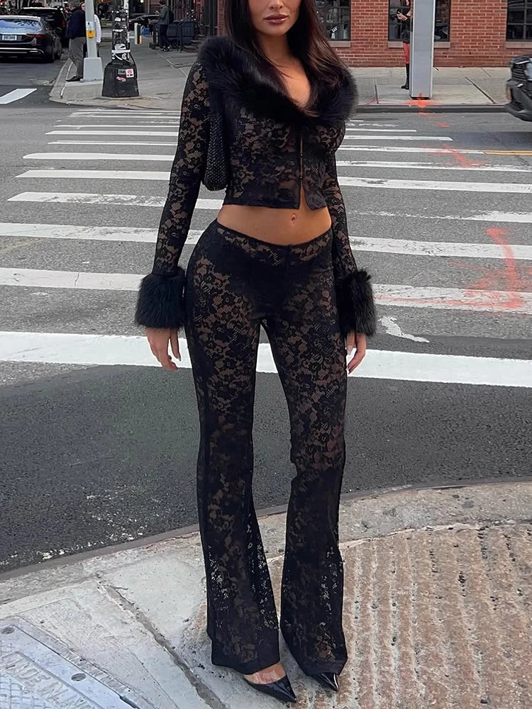 ITGIRLSOCIETY Fur Button Jacket+Flare Pants