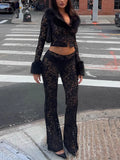 ITGIRLSOCIETY Fur Button Jacket+Flare Pants