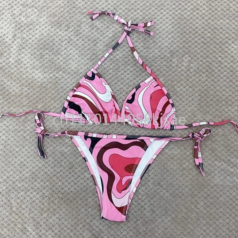 Luxury Design Women's Pink Scarf Swimsuits with Letter Signature Logo Classic Brand Headband Bikini Sets Beachwear