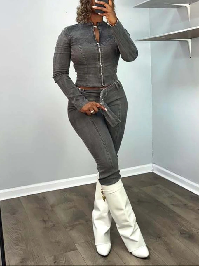 ITGIRLSOCIETY Denim Flare Pants Two-Piece Set