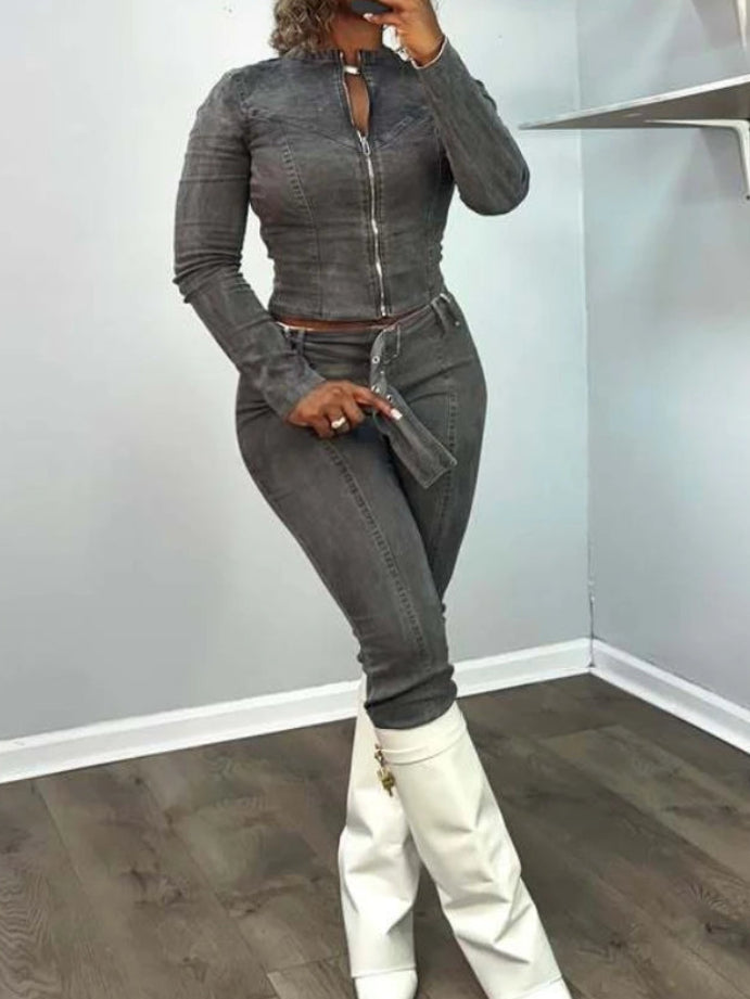 ITGIRLSOCIETY Dark Gray Denim Flare Pants Two-Piece Set