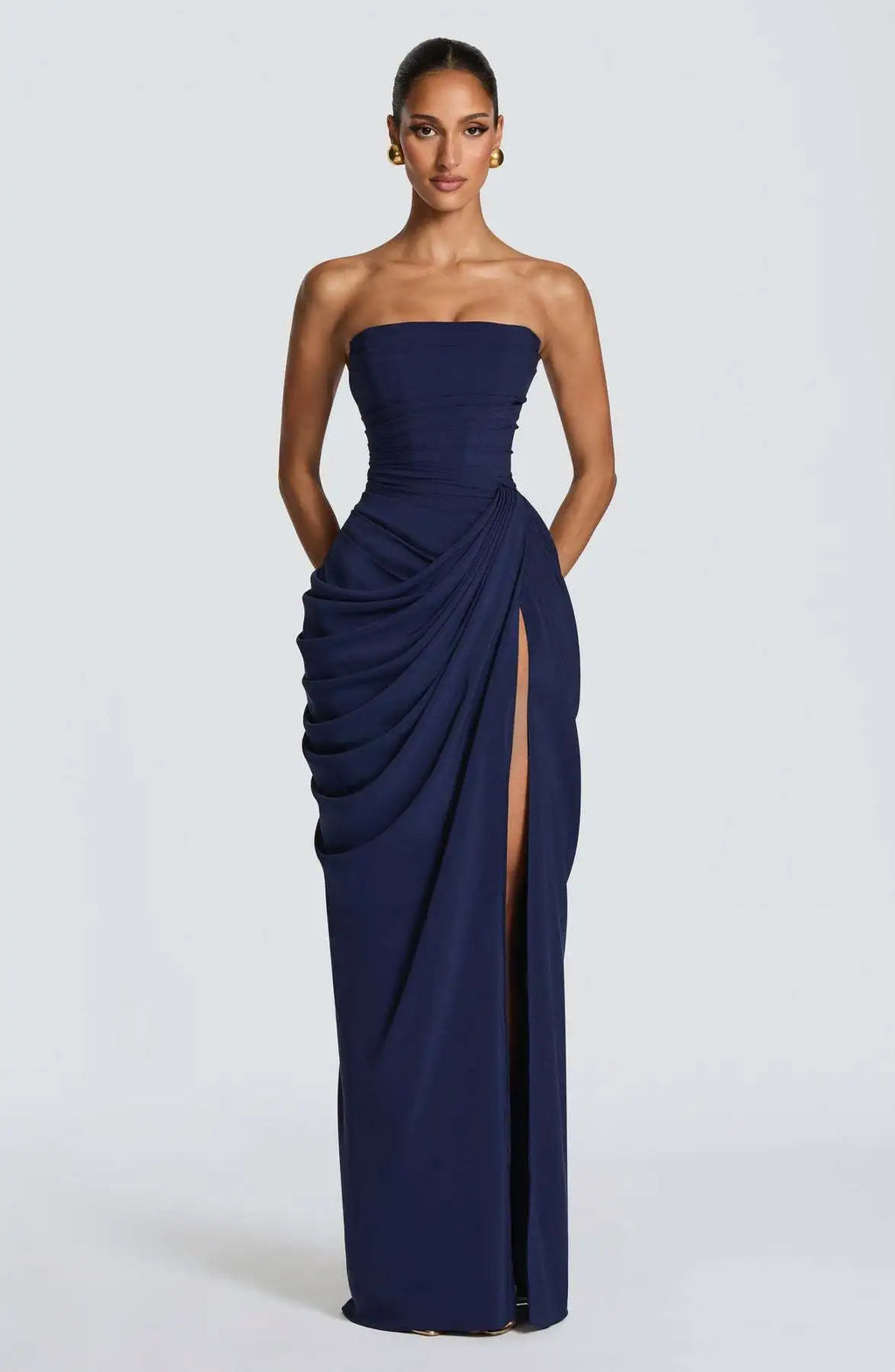 ITGIRLSOCIETY Strapless Ruched High Slit Maxi Dress