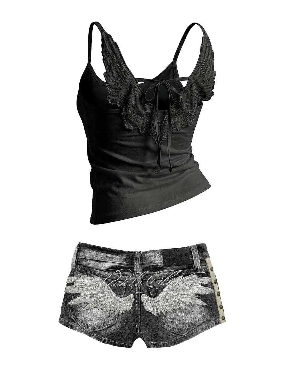 ITGIRLSOCIETY Y2K Angel Wings Embroidered Denim Vest & Low-Waist Shorts Set
