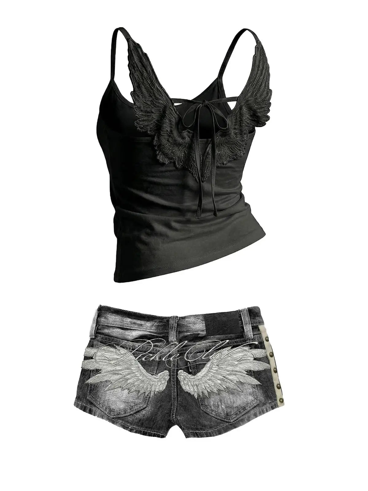 ITGIRLSOCIETY Y2K Angel Wings Embroidered Denim Vest & Low-Waist Shorts Set